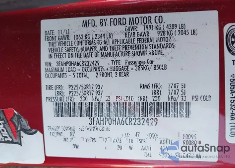 2012 Ford Fusion Se z USA, uszkodzony, nr VIN 3FAHP0HA6CR232429